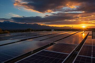 Panoramic - solar panel at sunset 