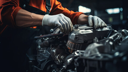 Obraz premium A professional mechanic working on a car engine in a garage. Car repair service. Hands wear mechanic gloves. Mechanic holding a tool to tighten the nut. Engine cover.