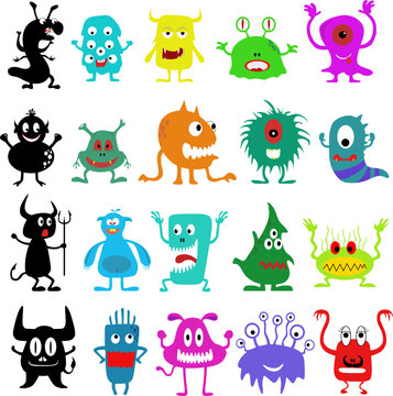 Colorful Monster icon set line. Cute cartoon kawaii scary funny baby character. White background. Flat design