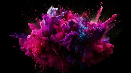 A Flourish of magenta Paint Splashes Ignites a Fantasy Explosion on a Black background, Enveloping Free Space in Creative Energy. Generative AI - obrazy, fototapety, plakaty