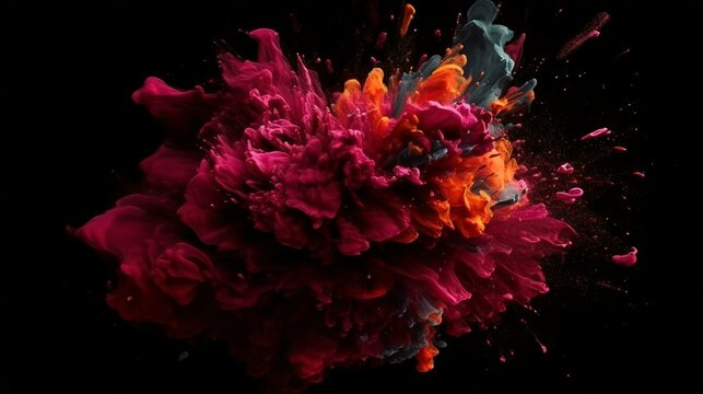 A Flourish of maroon Paint Splashes Ignites a Fantasy Explosion on a black background, Enveloping Free Space in Creative Energy. Generative AI