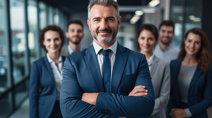 A successful business team, businessman with arms crossed, businessman credibility, looking at the camera with a smile.