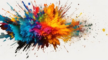 A Flourish of multicolored Paint Splashes Ignites a Fantasy Explosion on a white background, Enveloping Free Space in Creative Energy. Generative AI