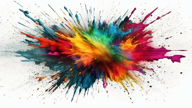 A Flourish of multicolored Paint Splashes Ignites a Fantasy Explosion on a white background, Enveloping Free Space in Creative Energy. Generative AI
