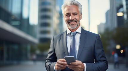 An Senior businessman holding his smartphone He wore a gray suit and tie.