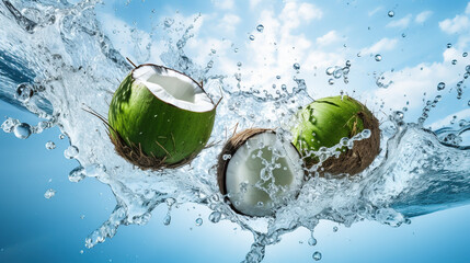A coconuts floating in the air Surrounded by lively coconut water The white background provides a stark contrast that emphasizes the bright green fruit and bright splashes of juice.
