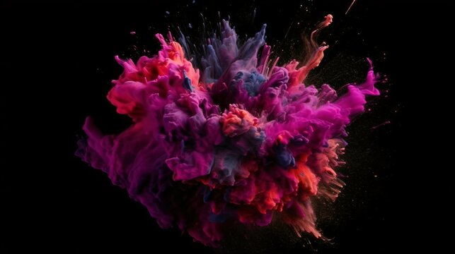 A Flourish of pink and purple Paint Splashes Ignites a Fantasy Explosion on a black background, Enveloping Free Space in Creative Energy. Generative AI