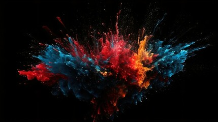 A Flourish of red and Blue Paint Splashes Ignites a Fantasy Explosion on a black Abstract Canvas, Enveloping Free Space in Creative Energy. Generative AI