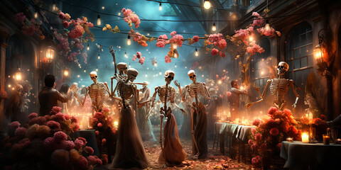 illustration of festive dressed skeletons at ball, costume Halloween party