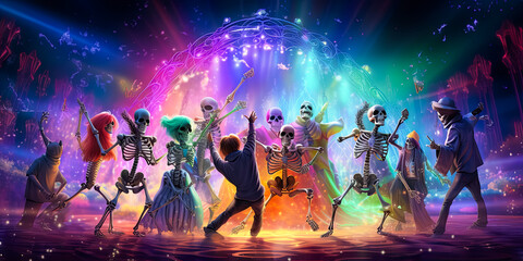 Obraz premium illustration of festive dressed skeletons at ball, costume Halloween party
