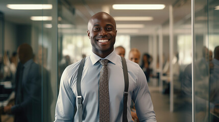 Fototapeta premium A photorealism of black man dressed for work happy tie in front of mirror