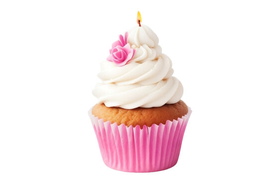 pink cupcake with pink frosting , birthday cake isolated on white transparent background PNG,  ai generative image 