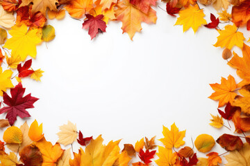 Naklejka na ściany i meble White background, Frame with many autumn leaves. Image to announce that there is an event, copy space.