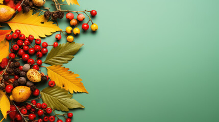 Frame of colorful red and yellow autumn leaves with cones and rowan berries on trendy green background. First day of school, back to school, fall concept