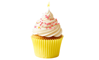 cupcake isolated on white background , birthday cup cake transparent background PNG,  happy birthday cup cake with candles,  ai generative image 