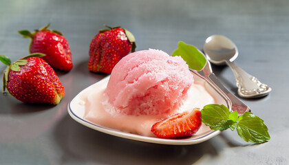 Summer sorbet with fresh strawberry, selective focus image