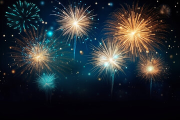 Fototapeta na wymiar Brightly colorful fireworks over night sky, Happy new year celebration background