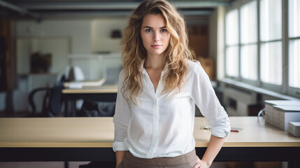 A beautiful young Asian designer woman standing in front of a desk looking at the camera. Architect. Loose-fitting shirt. Woman looking at the camera with a smile.