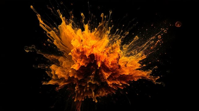 Fantasy Burst, Explosive Orange Paint Splashes on Dark Abstract Background, Igniting Creative Energy. Generative AI