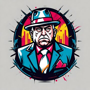 A logo for a business or sports team featuring a fictional caricature of a mean mob mafia boss that is suitable for a t-shirt graphic.