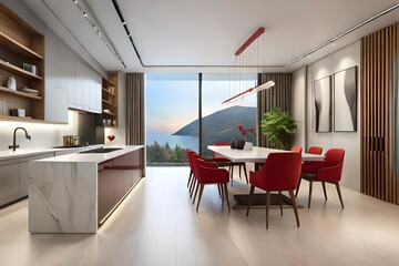 interior of modern luxury dining room with red and white furniture , architecture visualization