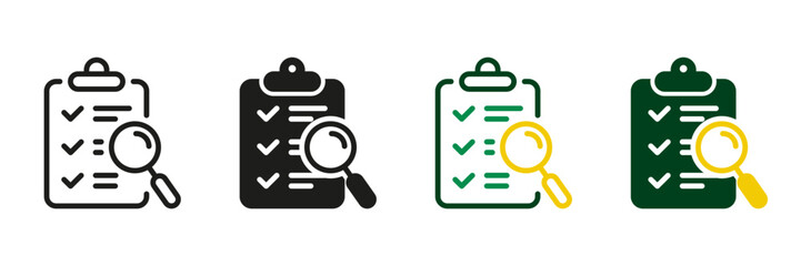Obraz premium Clipboard with Magnifying Glass Line and Silhouette Icon Set. Study and Research Symbol Collection. Clip Board and Check List Pictogram. Checklist and Application Form. Isolated Vector Illustration