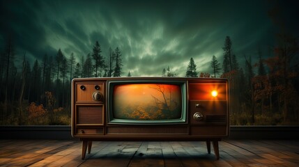 TV des années 60 vintage dans une pièce rétro, ia générative - obrazy, fototapety, plakaty