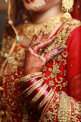 Bride Showing hands applied henna , decorative hands, bangles red dress mehndi, rings and jewelry ,...