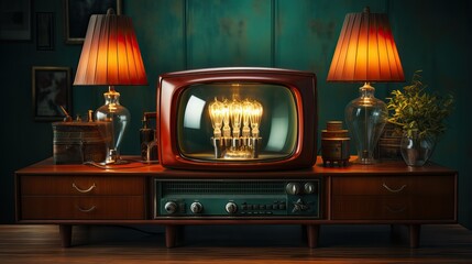 TV des années 60 vintage dans une pièce rétro, ia générative