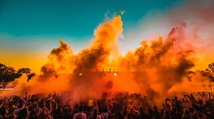 Crowded Vibrant Smoke Bombs Concert Backlighting Effects at Golden Sunset Horizon - Capturing the Energetic Atmosphere of Live Music. Generative AI