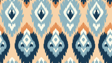 the traditional ikat pattern is a pattern of yellow, orange and blue, in the style of light sky-blue and dark beige, pattern-based painting, light pink and dark navy, earth tone color palette, turquoi © pisan thailand