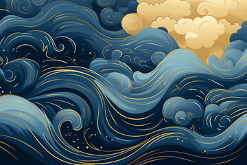 Abstract sea background with clouds, sea landscape, night, stars in the sky, greek mythology style, japanese woodblock art Design, Generative AI - obrazy, fototapety, plakaty