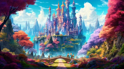 Fairytale Castle in Whimsical Forest of Mythical Creatures, Magical Aura, Fantasy Art. Generative AI Generative AI