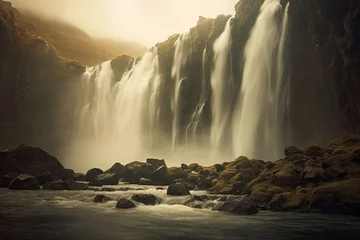 Fototapeten Icelandic elegance. Captivating waterfall amidst nature beauty. Majestic in heart of iceland. Epic adventure. Exploring breathtaking landscape © Bussakon