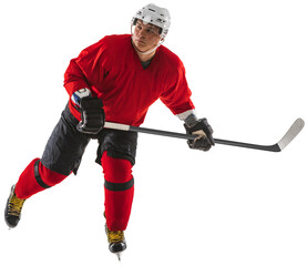 Man, hockey player in red uniform and helmet during game, skating with stick isolated on...