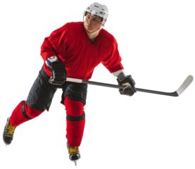 Man, hockey player in red uniform and helmet during game, skating with stick isolated on transparent background