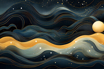 Abstract sea background with clouds, sea landscape, night, stars in the sky, greek mythology style, japanese woodblock art Design, Generative AI - obrazy, fototapety, plakaty