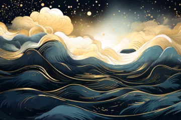 Tuinposter Abstract sea background with clouds, sea landscape, night, stars in the sky, greek mythology style, japanese woodblock art Design, Generative AI © ShaggyImages