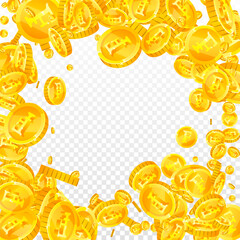 Swiss franc coins falling. Gold scattered CHF