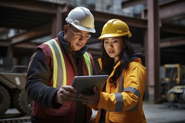 A man and a woman in helmets, construction workers, engineers, an architect or a foreman discuss the approval of the project, monitor or inspect further work.