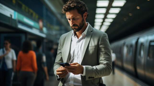 Businessman wearing a suit looking at the phone at the subway station