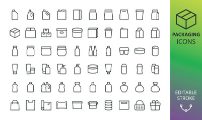 Packaging and containers isolated icons. Set of cardboard boxes, bottles, cosmetic package, plastic can, liquid canister, food packaging, glass jar, scratch film roll, plastic bag vector line icon