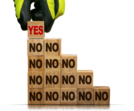 Gloved hand arranging wood blocks with brown text No as step with a red text Yes on the last step. Isolated on white or transparent background. Png. - Powered by Adobe