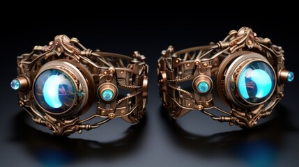 Retro-futuristic jewelry with holographic gems and ornate mechanical patterns | generative ai