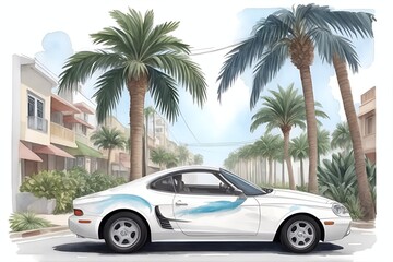 Modern car with palms on the background. AI generated illustration