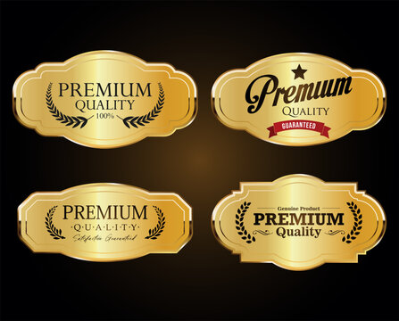 Collection of Golden premium quality labels isolated on dark background  