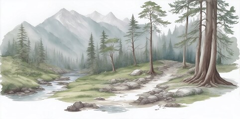 Landscape in the deep forest. AI generated illustratio