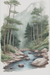 Landscape in the deep forest. AI generated illustratio