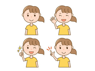いいねをする_ポイントを説明する_挨拶をする若い女性の4ポーズセット