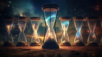 Ancient hourglasses filled with glowing particles representing time's evolution | generative ai
